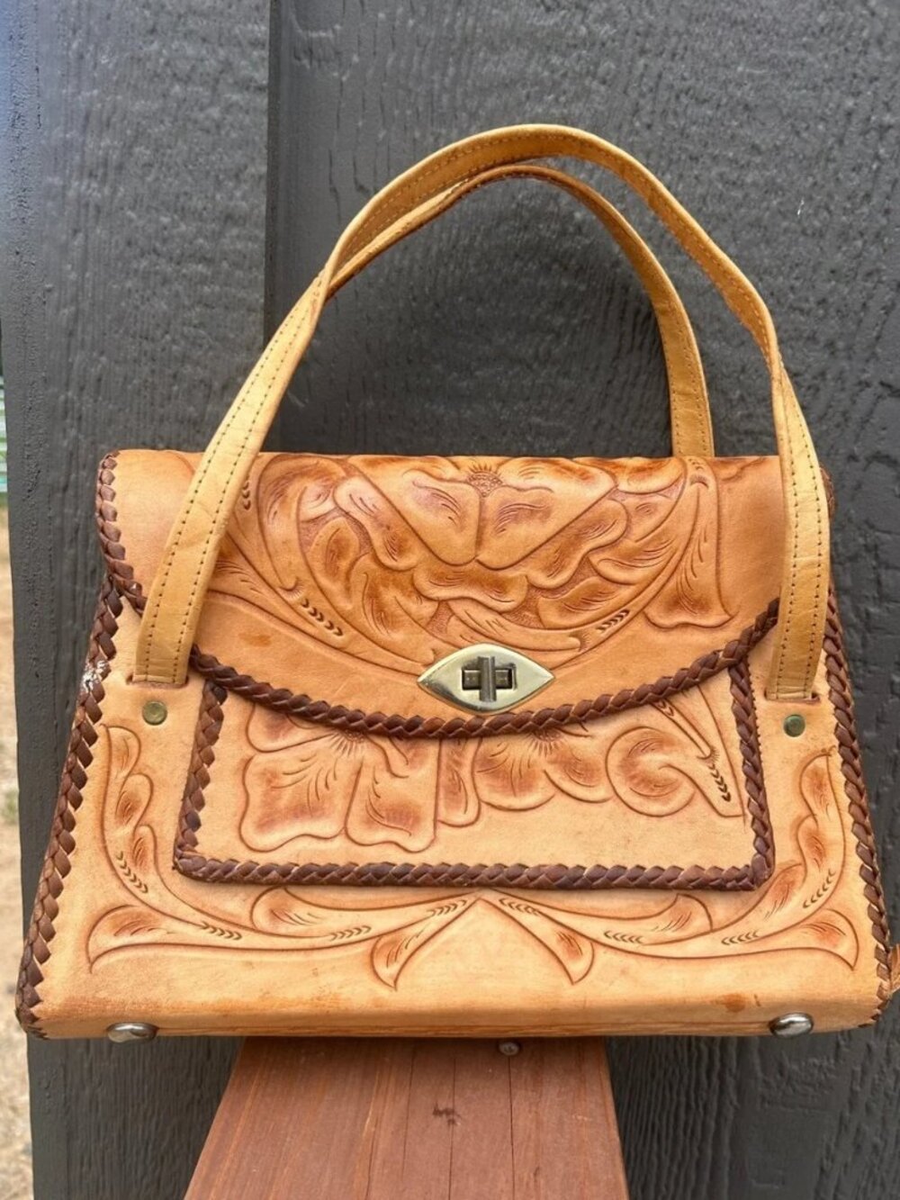 Vintage Hand-Tooled Leather Mexican Top-Handle Satchel 70's